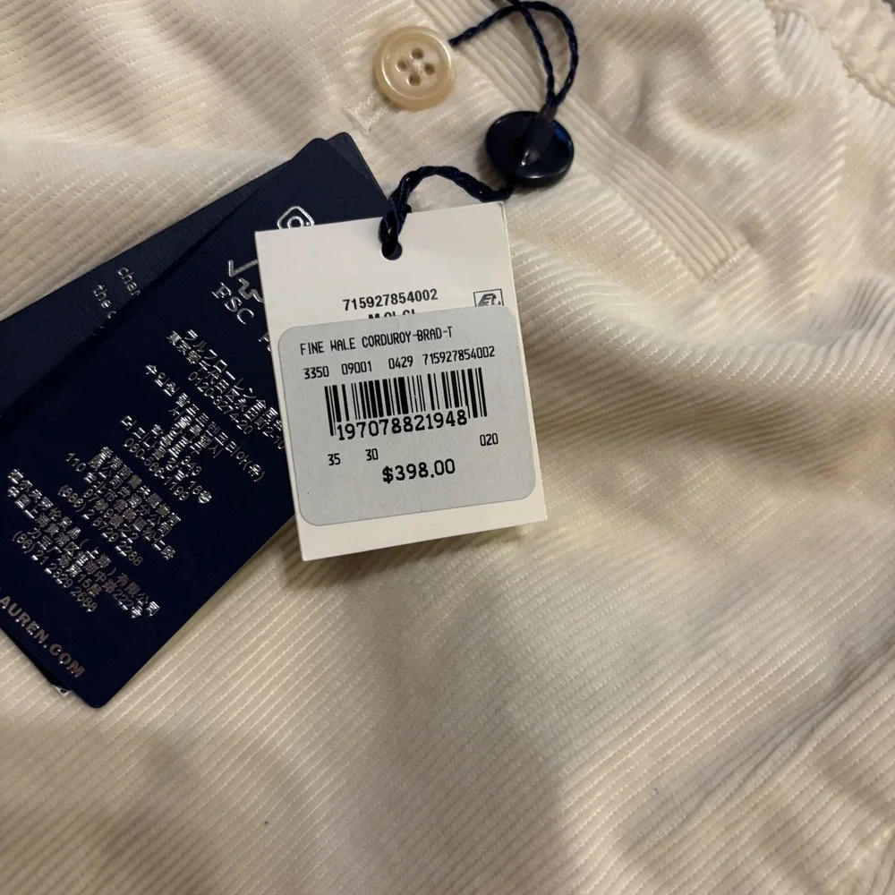 Polo Ralph Lauren Mens Cream Corduroy Pleated Pants 35x30 Straight Leg‎ Portugal